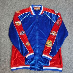 Vtg Veezo Wear NBA Patch Jacket L Blue Red Velour Track League Logos Rap Hip Hop